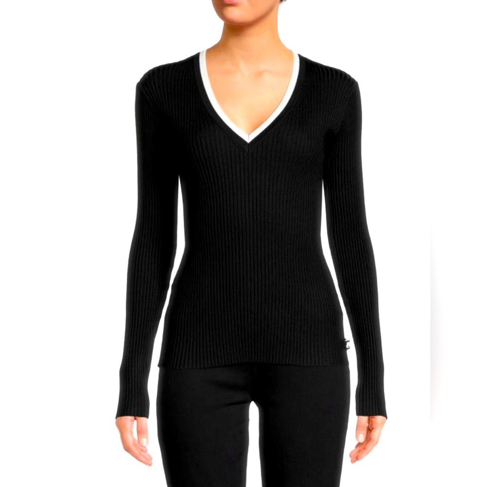 KARL LAGERFELD PARIS elegant classy V Neck Ribbed Sweater L NWOT
